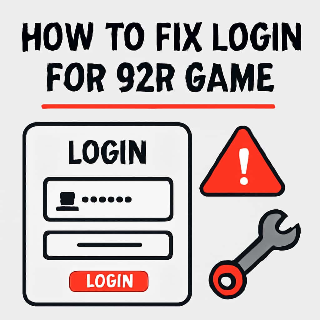 An educational illustration detailing login troubleshooting steps for 92R Game.